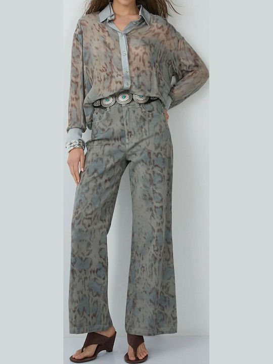 High Rise Women's Jean Pants in Wide Leg Style Grey