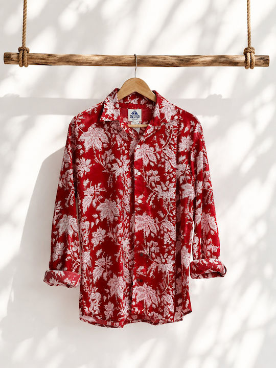 Long Sleeve Shirt In Regular Fit Floral Red/White