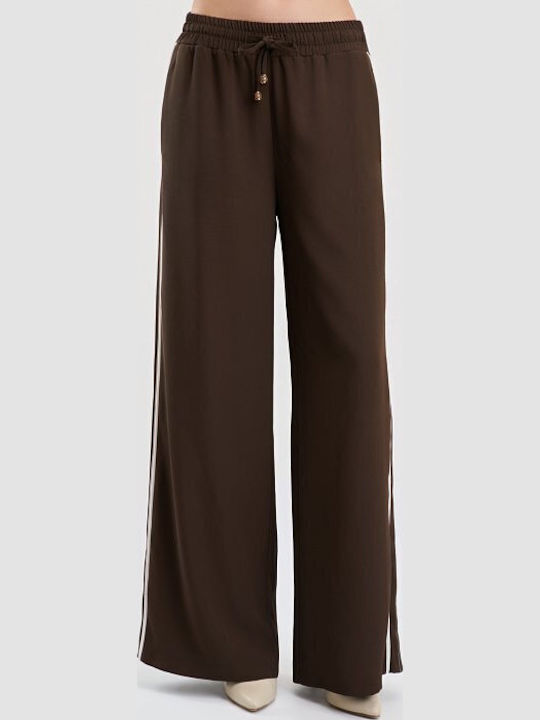 Damenhose mit Gummiband in Breit Bein Stil Gestreift Braune