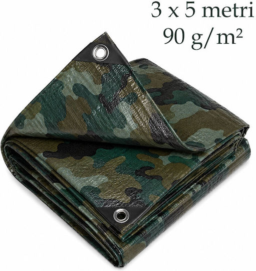 Prelată Reforțată 3x5 M Pe 90 G/m² Impermeabilă Reutilizabilă Rezistentă la UV și la Intemperii Culoare Armată