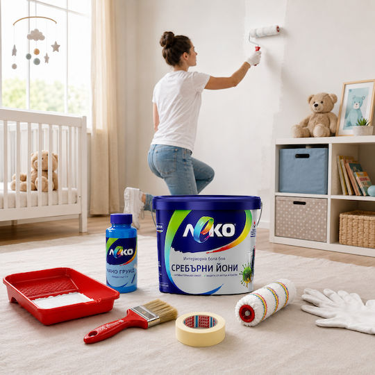 Комплект За Ремонт На Стаи До 30 М² Leko Healthy Living 30 Бял Латекс Сребърни Йони Грунд Аксесоари