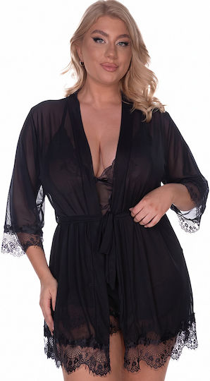 Σετ Νεγκλιζέ Plus Size Κιμονό Διαφάνεια Δαντέλα Μαύρο