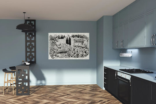 "gran Calavera Eléctrica" (grand Electric Skull) "print Shows Large Skeleton Hypnotizing A Group Of Skulls And A Sitting Skeleton; An Electric Street Car, With Skeletons As Passengers, Is In The Background Картина Тъкан 150x100см