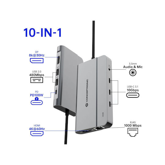 Conceptronic USB-C Docking Station with HDMI/DisplayPort 4K PD Ethernet Grey (DONN34G)