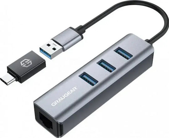 Graugear USB Hub 4 Ports USB 3.0 with Connecting to a Computer USB-A / USB-C Gray