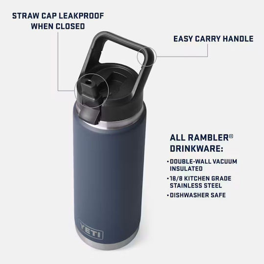 Yeti Rambler Sticlă Termos Oțel Inoxidabil 769ml Yeti Negru cu Pai și Mâner