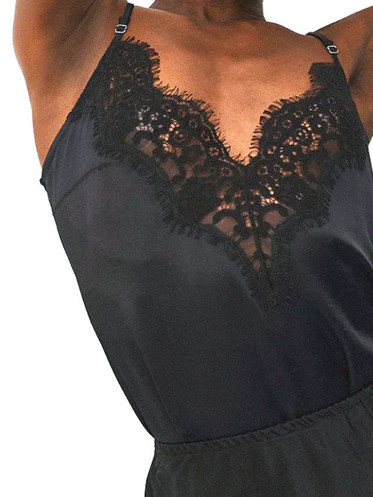 Damen Satin Unterwäsche Top mit Spitze Schwarz