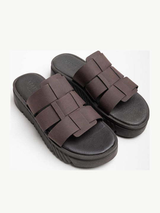 Δερμάτινα Γυναικεία Σανδάλια Flatforms Καφέ