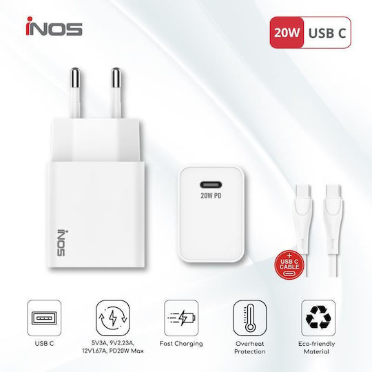 iNOS Φορτιστής με Θύρα USB-C και Καλώδιο USB-C - USB-C 20W Power Delivery / Quick Charge 3.0 Λευκός (76716)