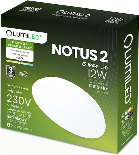 Φωτιστικό Οροφής Led Επιτοίχιο Notus 2 12w Στρογγυλό 25 Cm Ip44 Lumiled