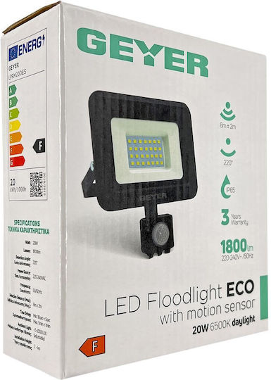 Geyer Waterproof LED Flood Light 20W Cold White 6500K With Motion Sensor IP65