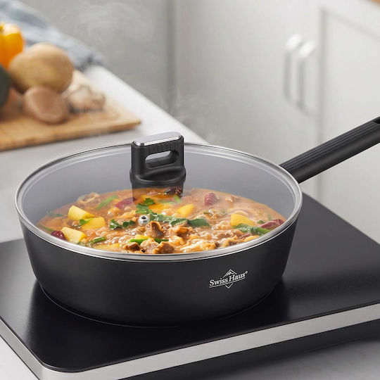 Tigaie Adâncă Swiss Haus 24cm cu Capac de Sticlă Neagră
