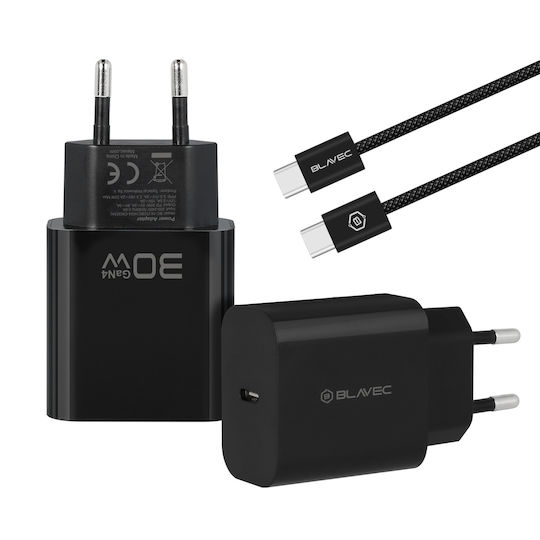 Blavec GaN Charger with USB-C Port and USB-C - USB-C Cable 30W Power Delivery / Quick Charge 3.0 / Quick Charge 4+ Black (BC-14)