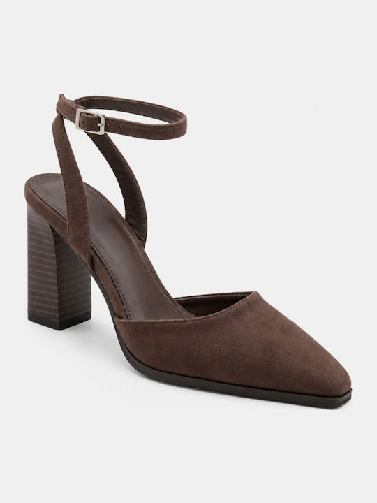 Pointed Toe Heels with Strap & High Brown Heel