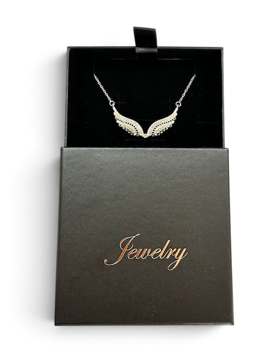 Steel Necklace Angel Wings Steel With Black Zircon