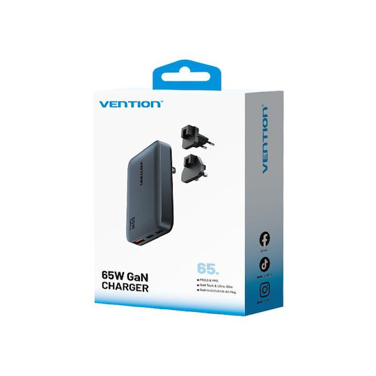 Vention Wireless GaN Charger With USB-A Port And 2 USB-C Ports 65W Power Delivery Gray