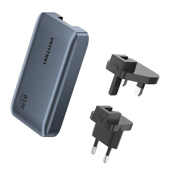 Vention Wireless GaN Charger With USB-A Port And 2 USB-C Ports 65W Power Delivery Gray