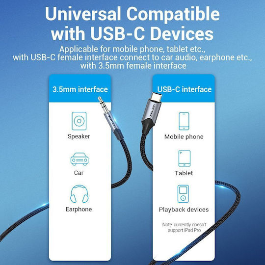 Vention Редовна USB 2.0 Кабел USB-C мъжки - 3,5 мм мъжки Черен 1.5м (BGKHG)