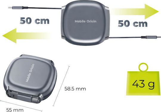 Mobile Origin Retractable USB 2.0 Cable USB-C Male - USB-C 100W Grey 0.25m MO-CB7-SPG