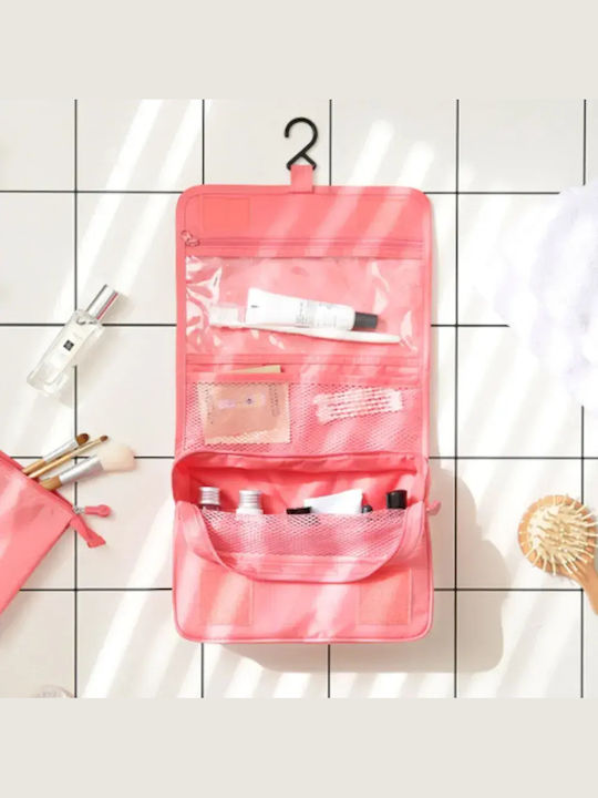 Abyz Foldable Travel Makeup Bag Hook Waterproof Multiple Compartments Pink 24x19cm