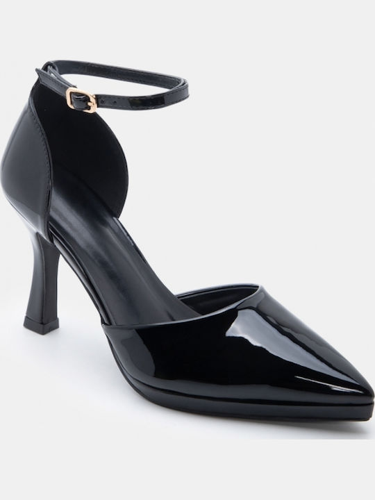 Spitze Zehen Pumps mit Riemen & Niedrigem Absatz Schwarz