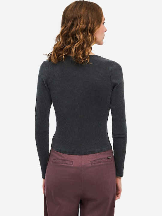 Bluza Damă Bumbac Mânecă Lungă Cu Decolteu În V Vintage Neagră
