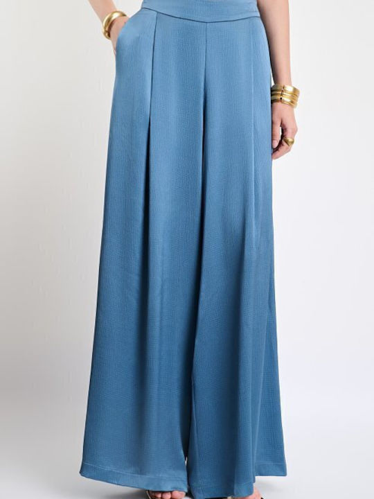 Pantaloni Dama Cu Talie Inalta Cu Elastic Albastri