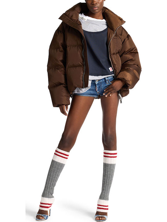 Long Women's Puffer Jacket for Winter Brown