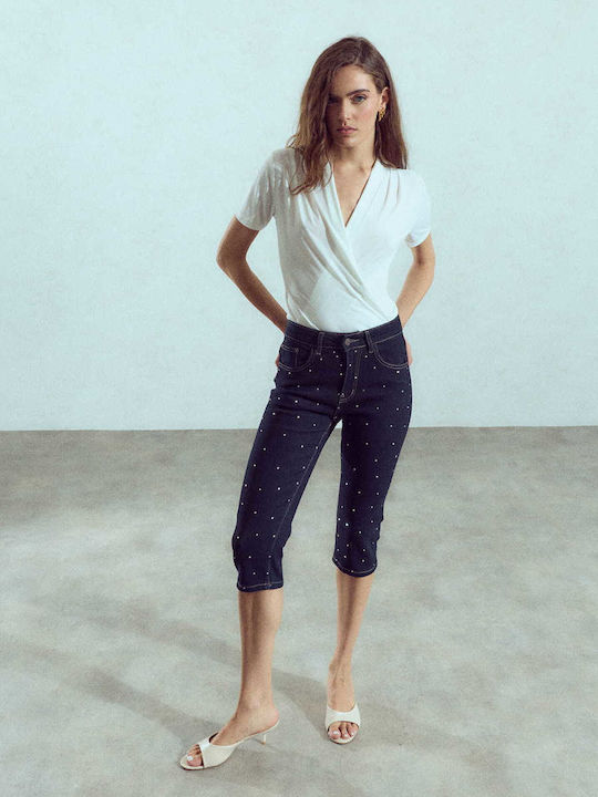 Celestino Capri din Denim pentru Damă Strass Slim Fit Albastru Închis