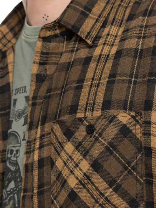 Long Sleeve Flannel Shirt In Regular Fit Checked Brown