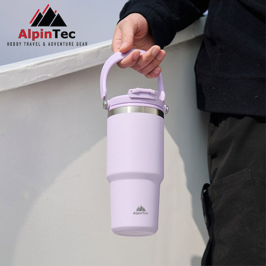 AlpinPro Handled Tumbler Thermos Stainless Steel 1.05lt Black Handle Becomes Mobile Phone Stand with Straw and Handle
