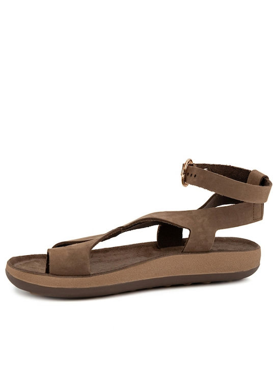 Nicole Leder Flache Sandalen für Damen Anatomisch mit Riemen in Braun Farbe