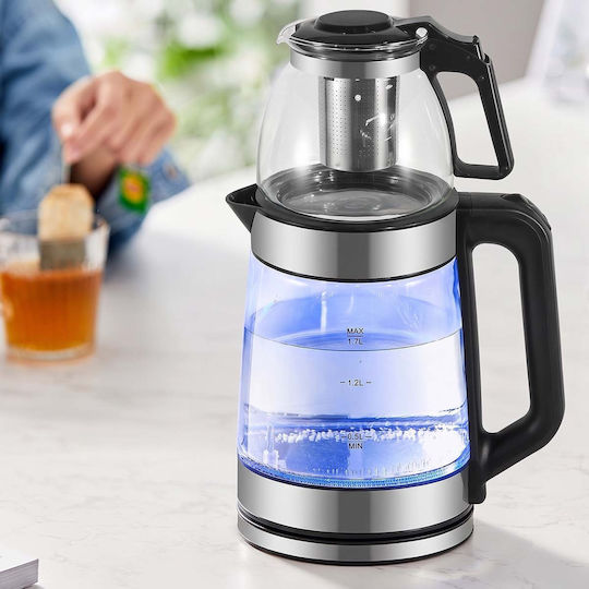 1.7l Elektrischer Wasserkocher Teekanne 2200w Glas-Infuser 360° Drehbare Basis Schwarze