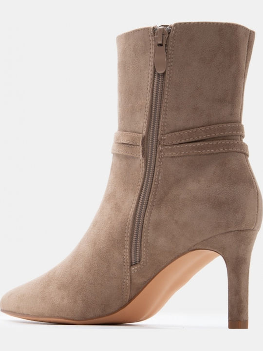 Suede Women's Ankle Boots with High Heel Beige