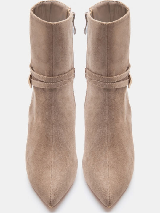 Suede Women's Ankle Boots with High Heel Beige