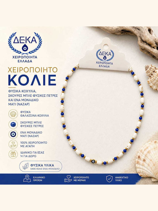 Deka Handmade Necklace Evil Eye Nazar Natural Seashells Stones Metal Chain 50 cm – Dark Blue
