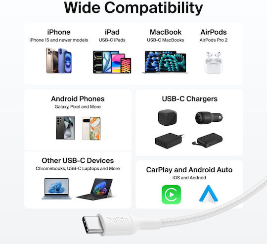 Belkin Boostcharge Kabel USB-C männlich - USB-C 60W Weiß 2m CAB024hq2mWH
