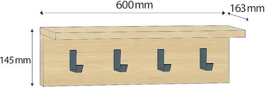 Wall Hanger Wooden 4 Hooks Brown 60x15x16cm