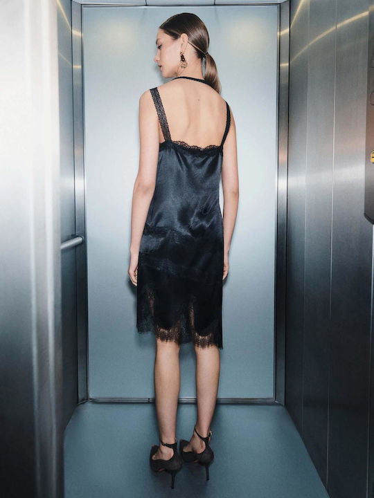 Summer Evening Satin Slip Dress with Lace Black