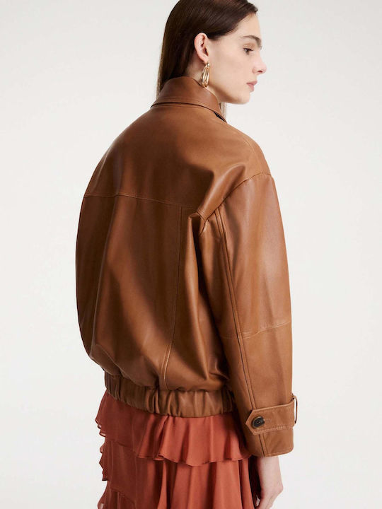 Women's Leather Jacket for Winter Brown
