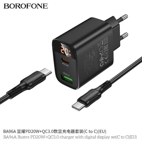Borofone Mobile Phone Charger With USB-A Output Port And USB-C Output Port And USB-C - USB-C Cable 20W Power Delivery Quick Charge 3.0 Black (BA96A)