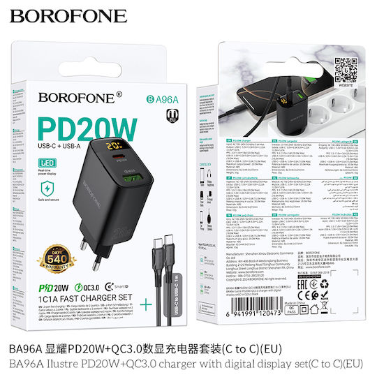 Borofone Mobile Phone Charger With USB-A Output Port And USB-C Output Port And USB-C - USB-C Cable 20W Power Delivery Quick Charge 3.0 Black (BA96A)