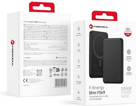 Forcell F5K9 MagSafe Power Bank 5000mAh 15W Mit USB-C Ausgangsanschlüsse Power Delivery / Schnellladung Schwarz