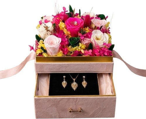 Set De Lux Premium 11 Trandafiri Criogenați Bijuterii Cristal Cutie Pătrată Catifea Roz Pudrat Sertar Plexiglas