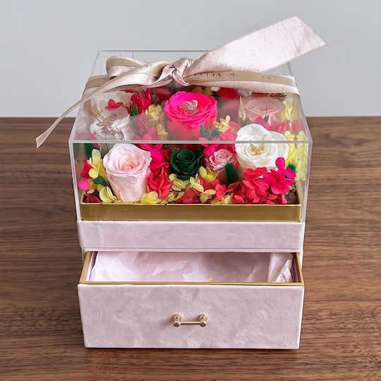 Aranjament Floral De Lux 11 Trandafiri Criogenați Cutie Pătrată Catifea Roz Pudrat Sertar Capac Plexiglas