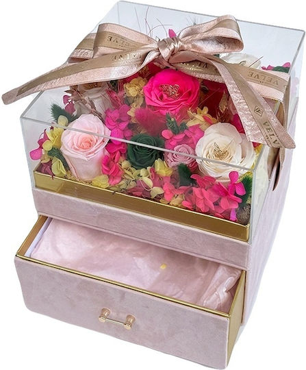 Aranjament Floral De Lux 11 Trandafiri Criogenați Cutie Pătrată Catifea Roz Pudrat Sertar Capac Plexiglas
