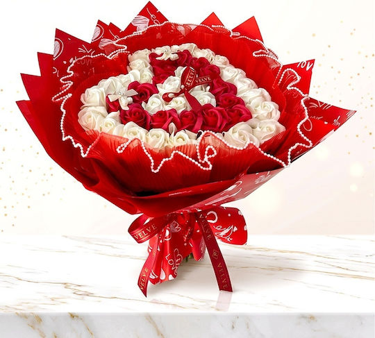 Buchet Floral De Săpun Trandafiri În Formă De Inimă Tulle Perle Înălțime 45 Cm Alb Roșu