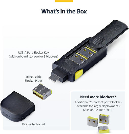 Startech Om Usb-a Port Blocker Key 4x Latching Usb-a Dust Cover Plugs Black