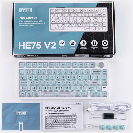 Epomaker HE75 V2 Безжична Hall Effect Гейминг Клавиатура 75% с Магнитни Управления и RGB Осветление Английски (САЩ) Бяла