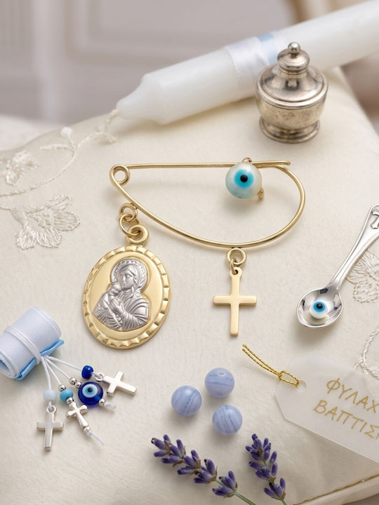 Kinder Sicherheitsnadel-Anhänger aus 9K Gold mit Kreuz